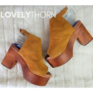JEFFREY CAMPBELL // ltd ed free people collab suede wooden platform block heels